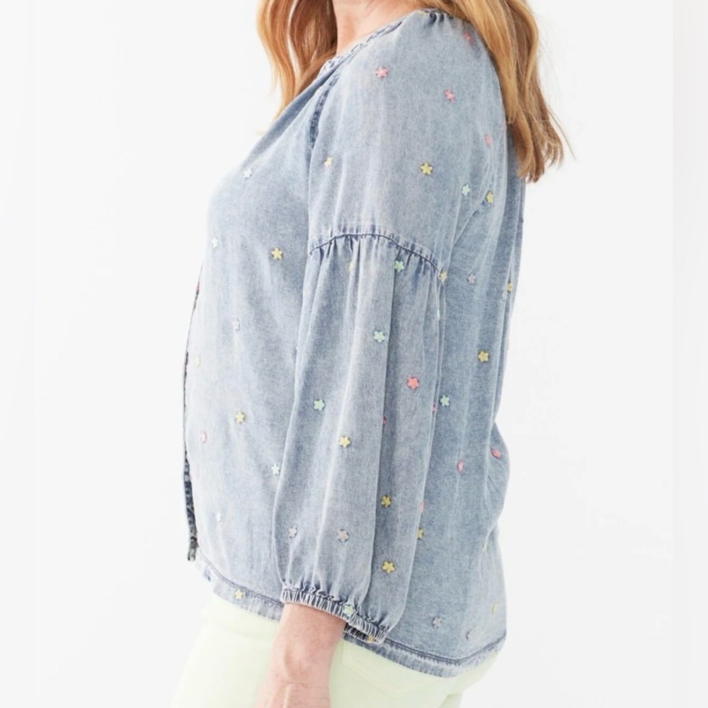 French Dressing Jeans Flower Embroidered Balloon Sleeve Denim Top - Picture 2 of 11